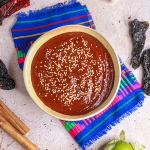 Mole Poblano in a bowl garnished with sesame seeds surrounded by ingredients