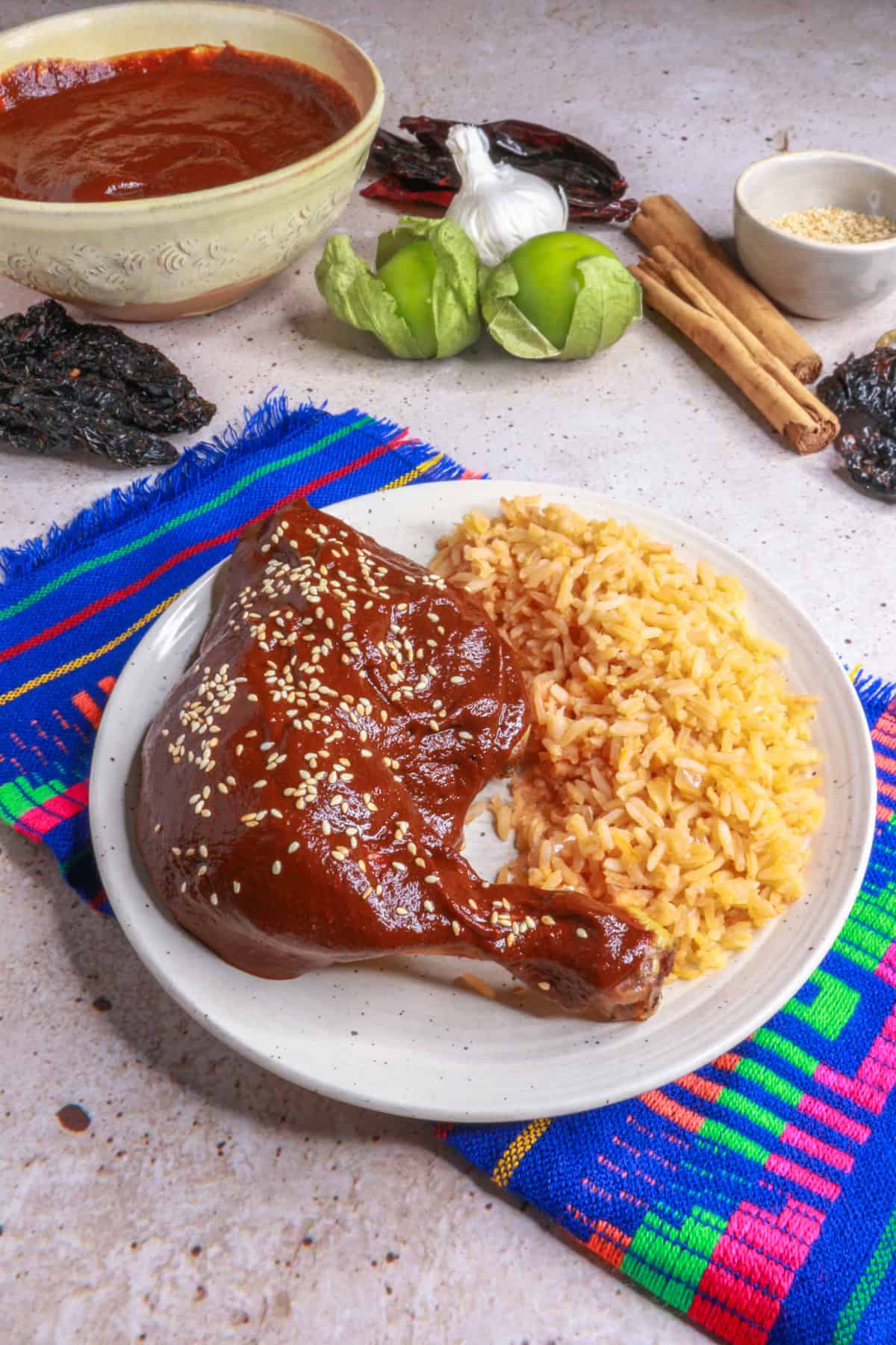 Mole Poblano smothered on a piece of chicken with a side of Mexican red rice