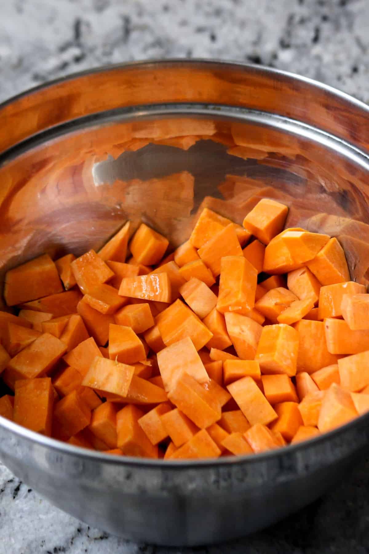 Diced sweet potatoes in bowl