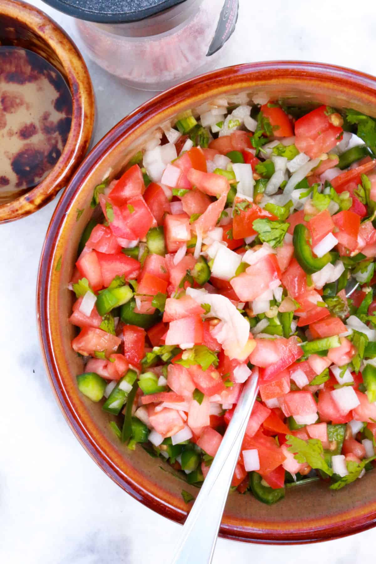 Bowl of Pico De Gallo with salt and a bowl of white vinegar behind it