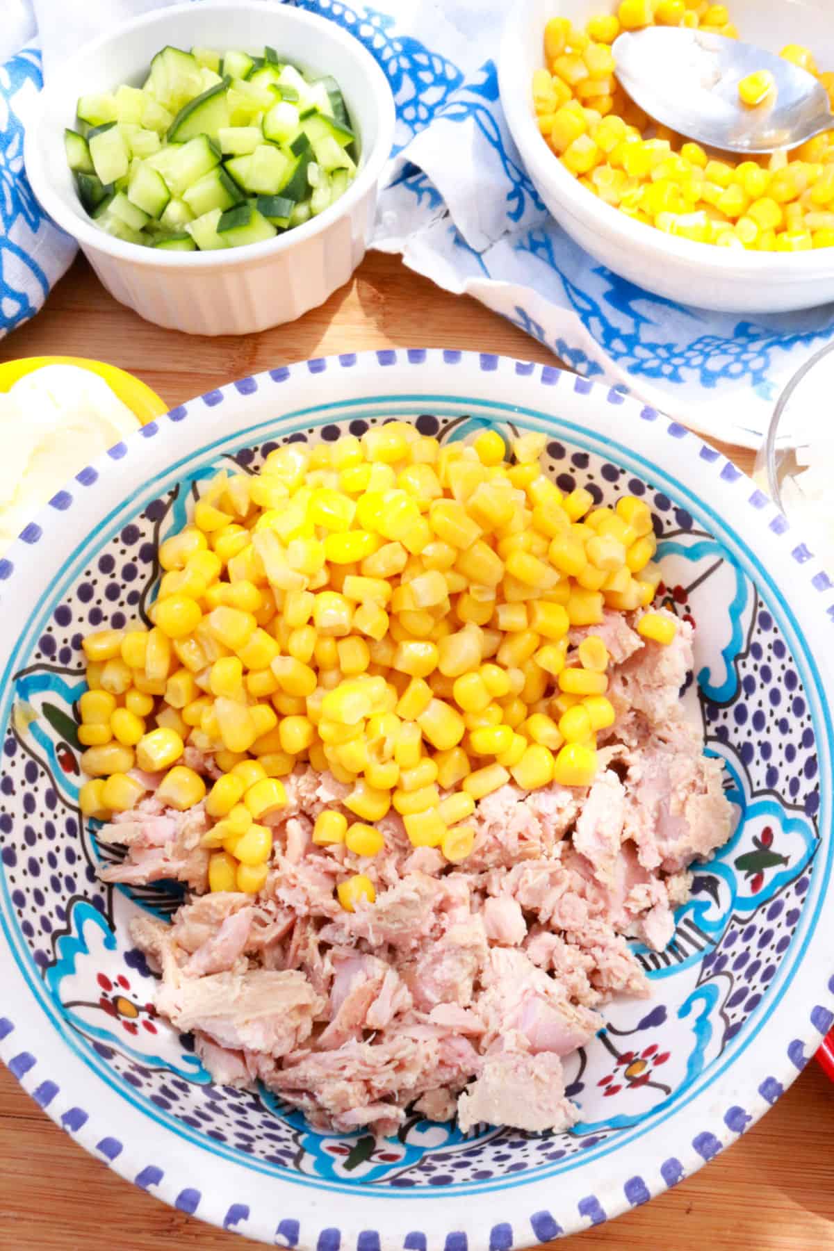 Bowl with canned corn and tuna.