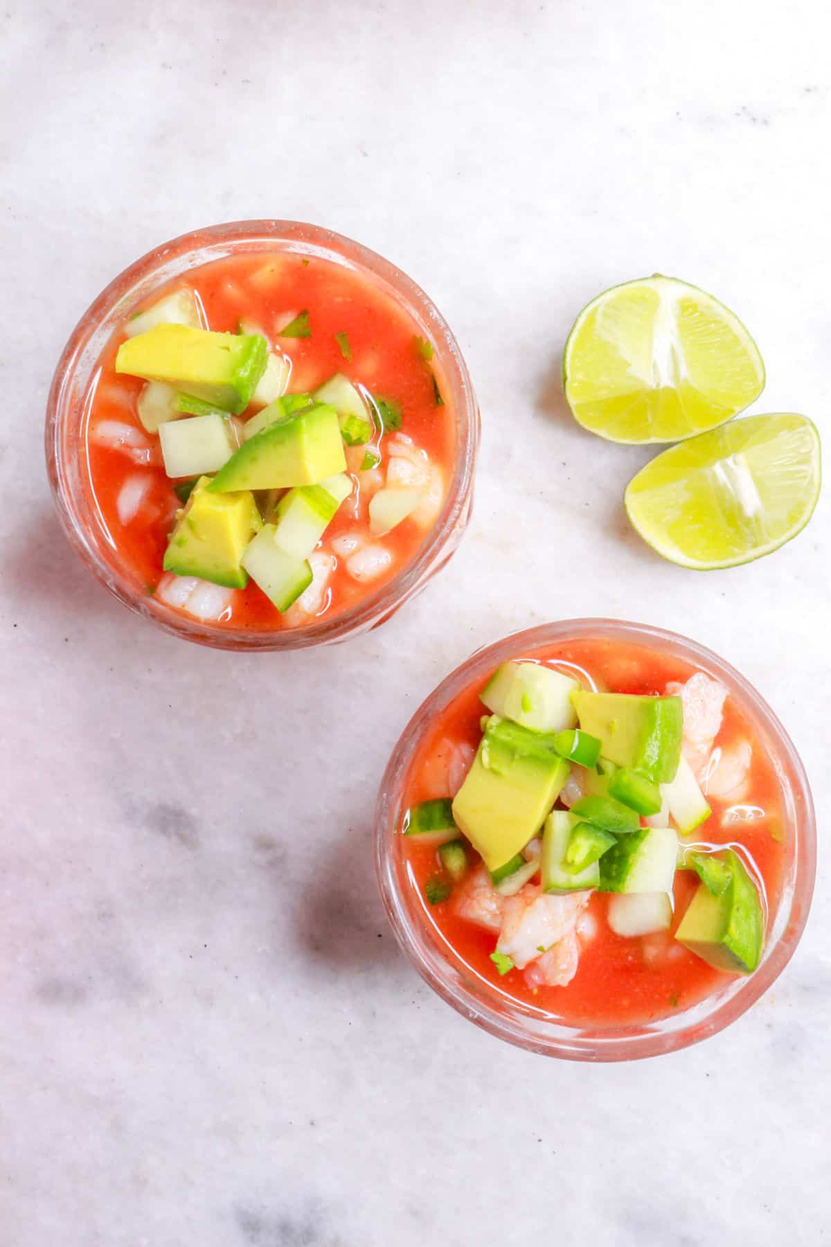 top view of two glasses filled with authentic Mexican shrimp cocktail