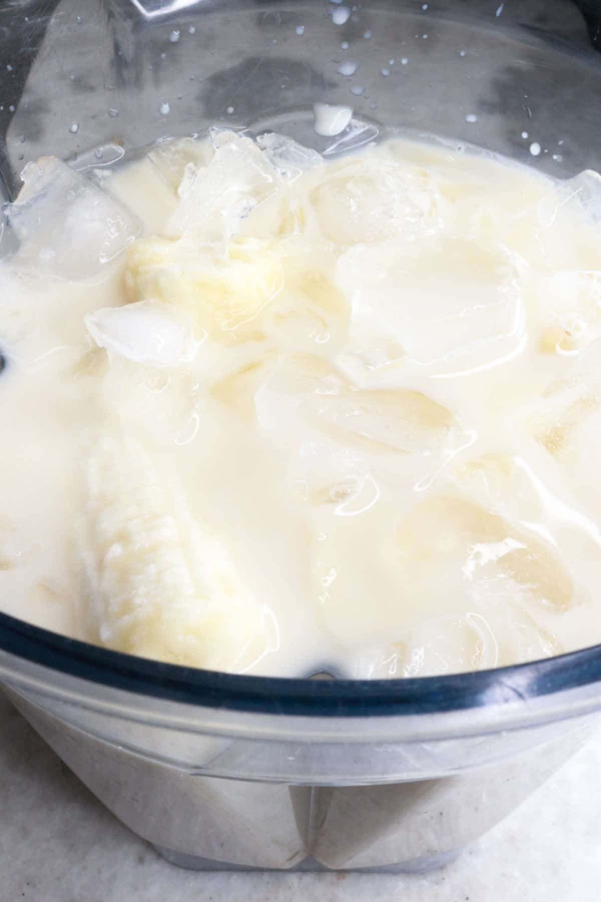 blender with bananas, ice, milk and water