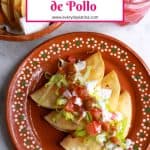 Three tacos dorados de pollo on a brown Mexican plate topped with garnishes