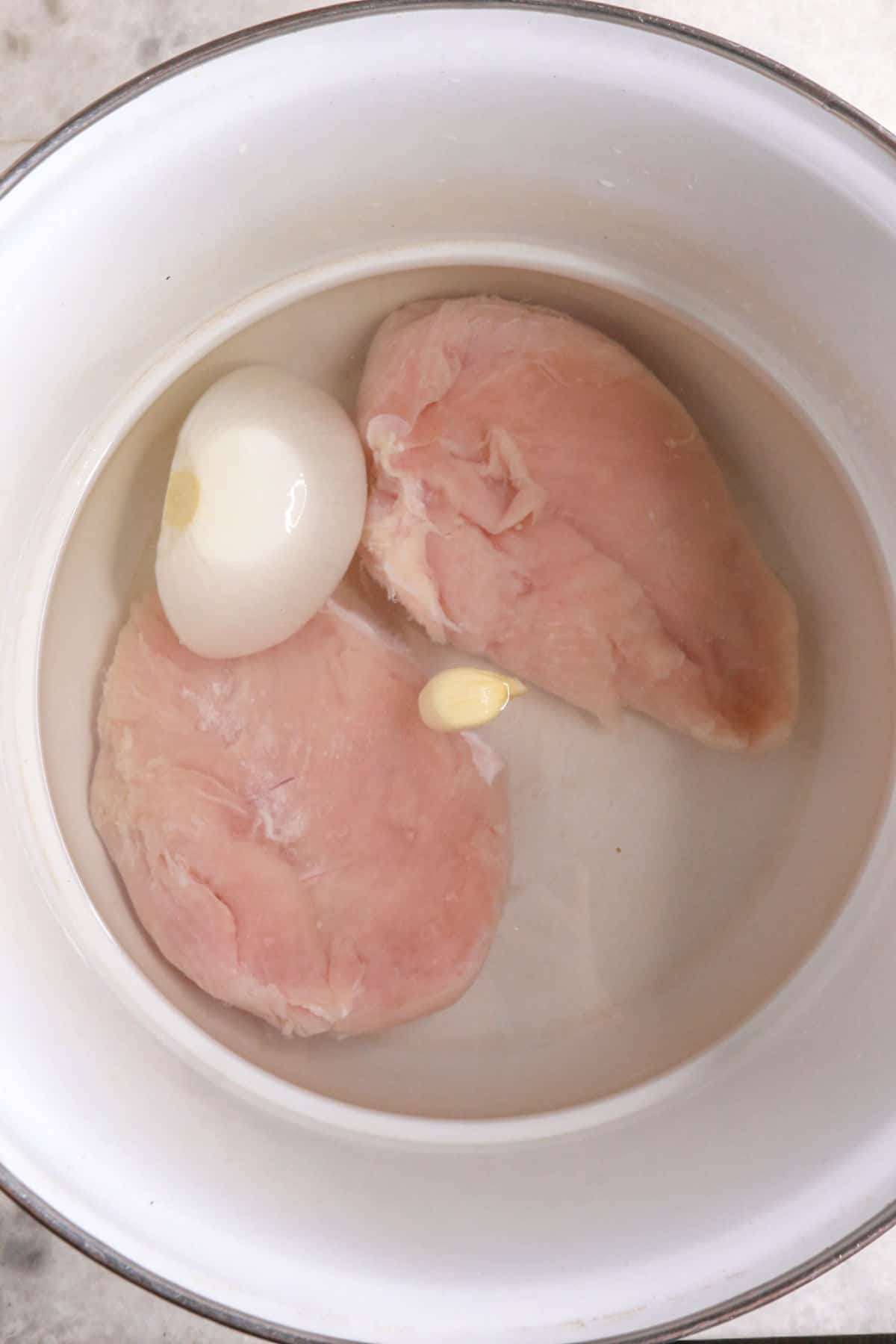 Chicken breasts, onion and garlic in a pot with water