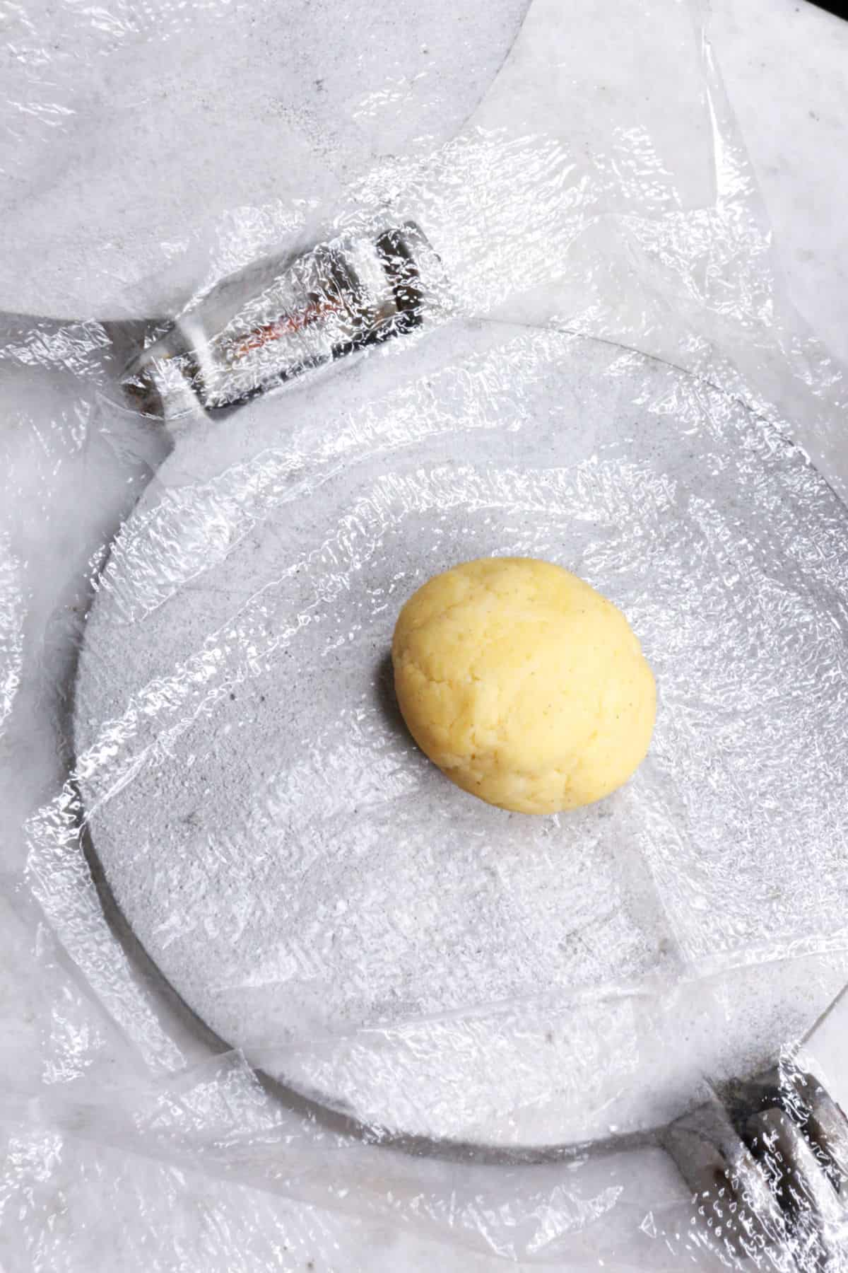 gluten-free dough ball on a tortilla press covered with plastic