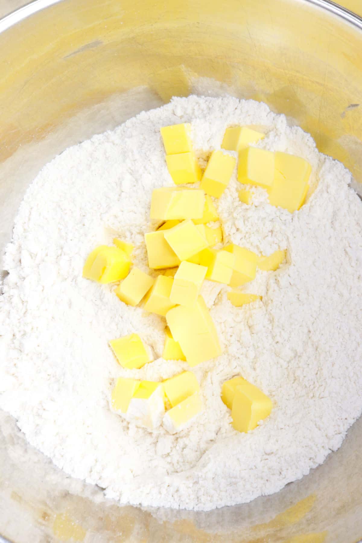 Dry ingredients with chilled, cubed butter