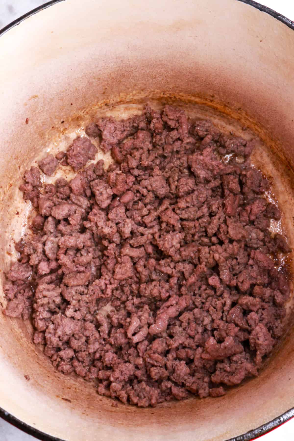 Browning ground beef in a Dutch oven