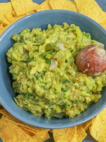 Green Chile guacamole in a bowl surrounded by tortilla chips