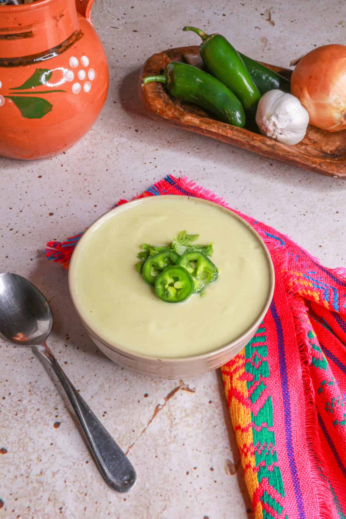 Cream of Onion Soup with Jalapeño in a bowl