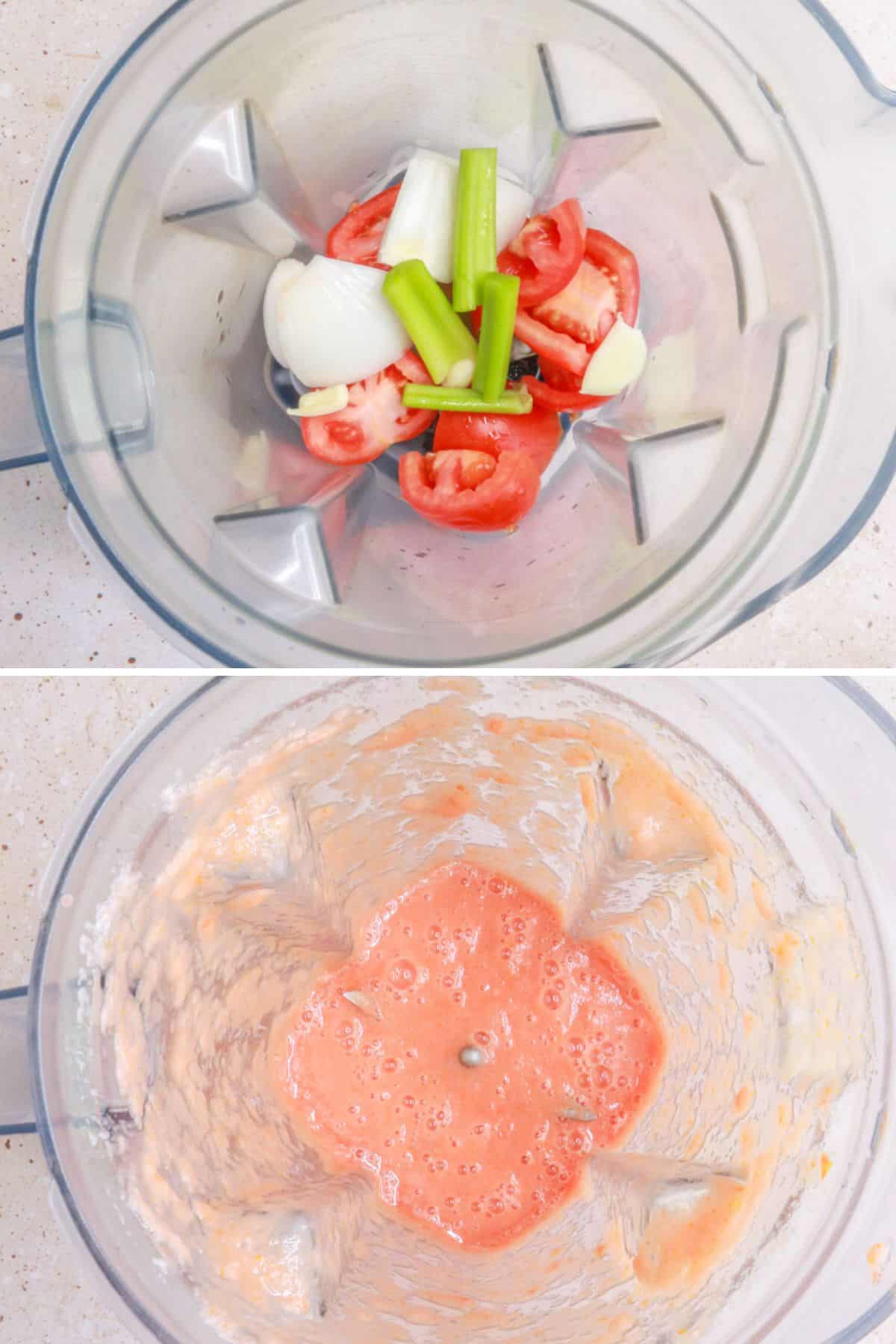 Top photo: ingredients for tomato base for the soup, bottom photo: blended ingredients