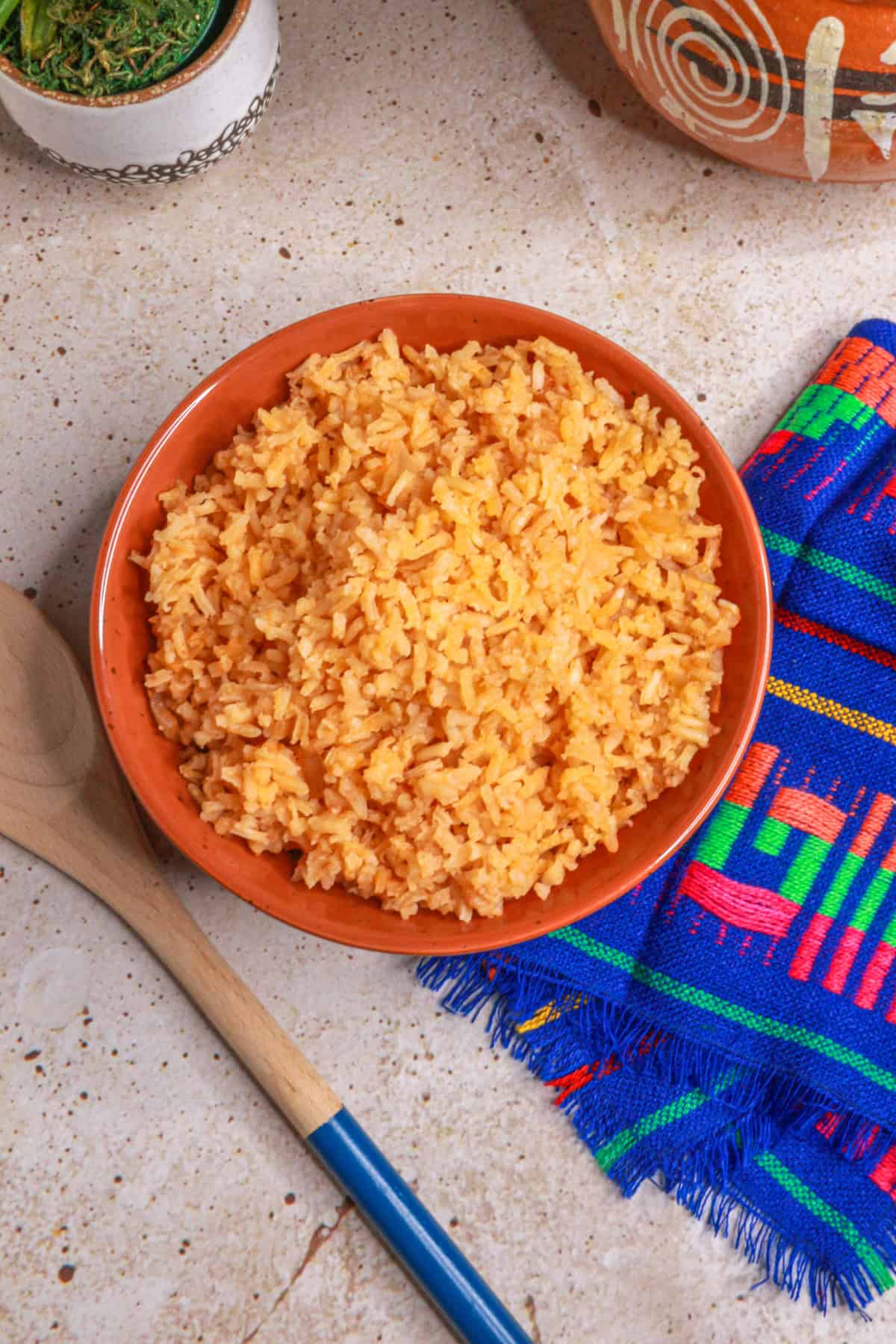 Top view of arroz rojo (Mexican red rice) in a bowl