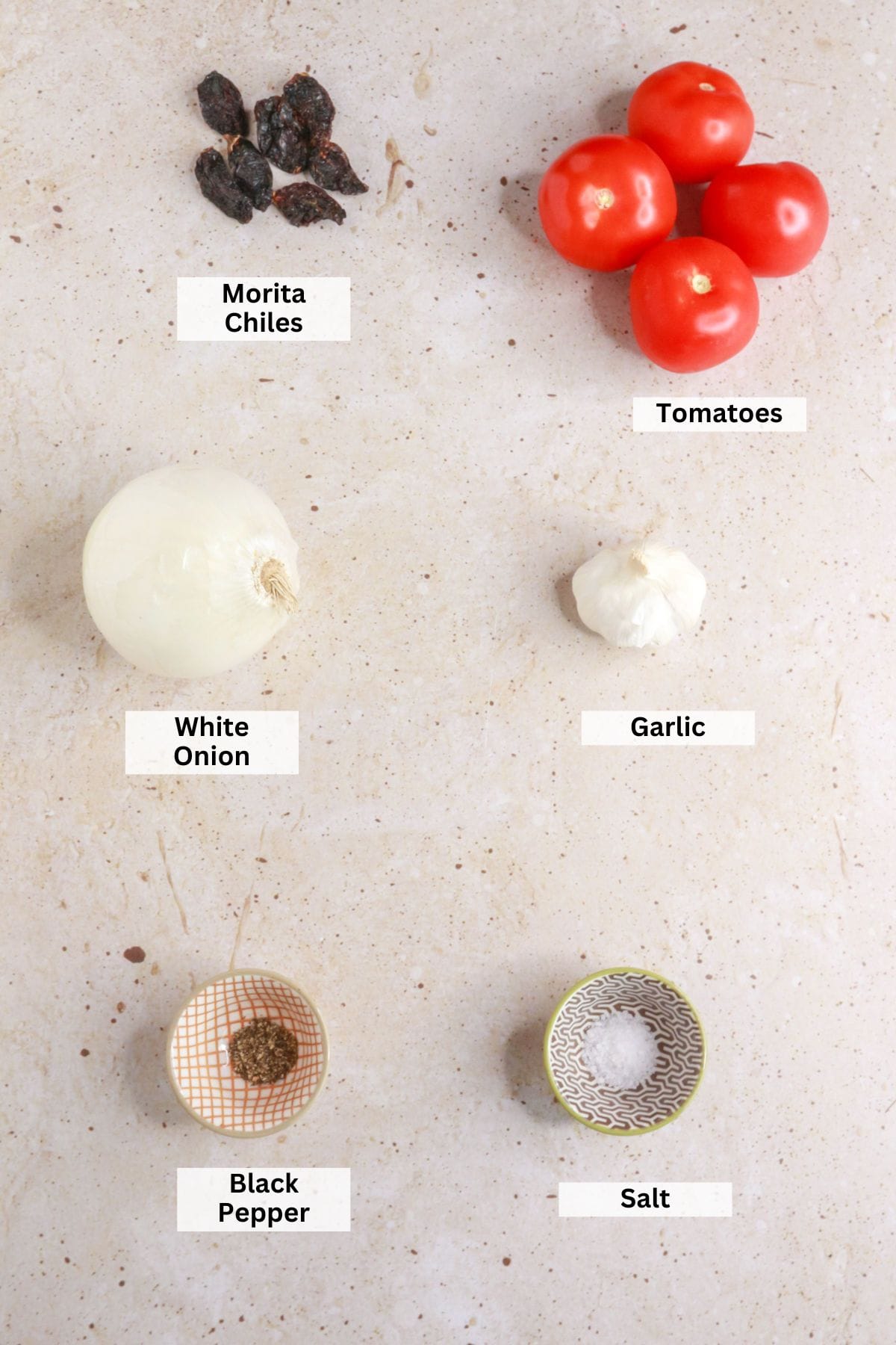 Ingredients for Chile morita salsa: morita chiles, tomatoes, onion, garlic, pepper, salt