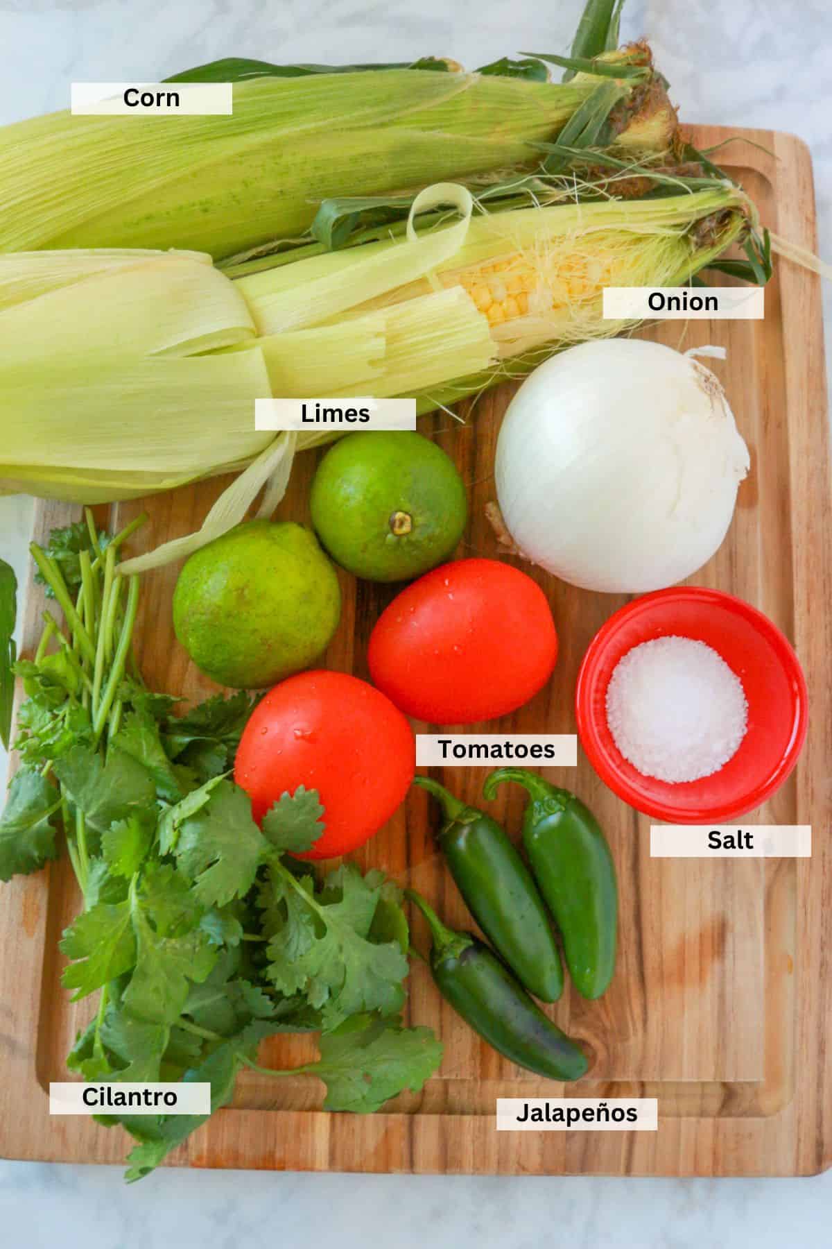 Ingredients for Corn Pico de Gallo: corn, limes, onion, tomatoes, salt, cilantro, jalapeños