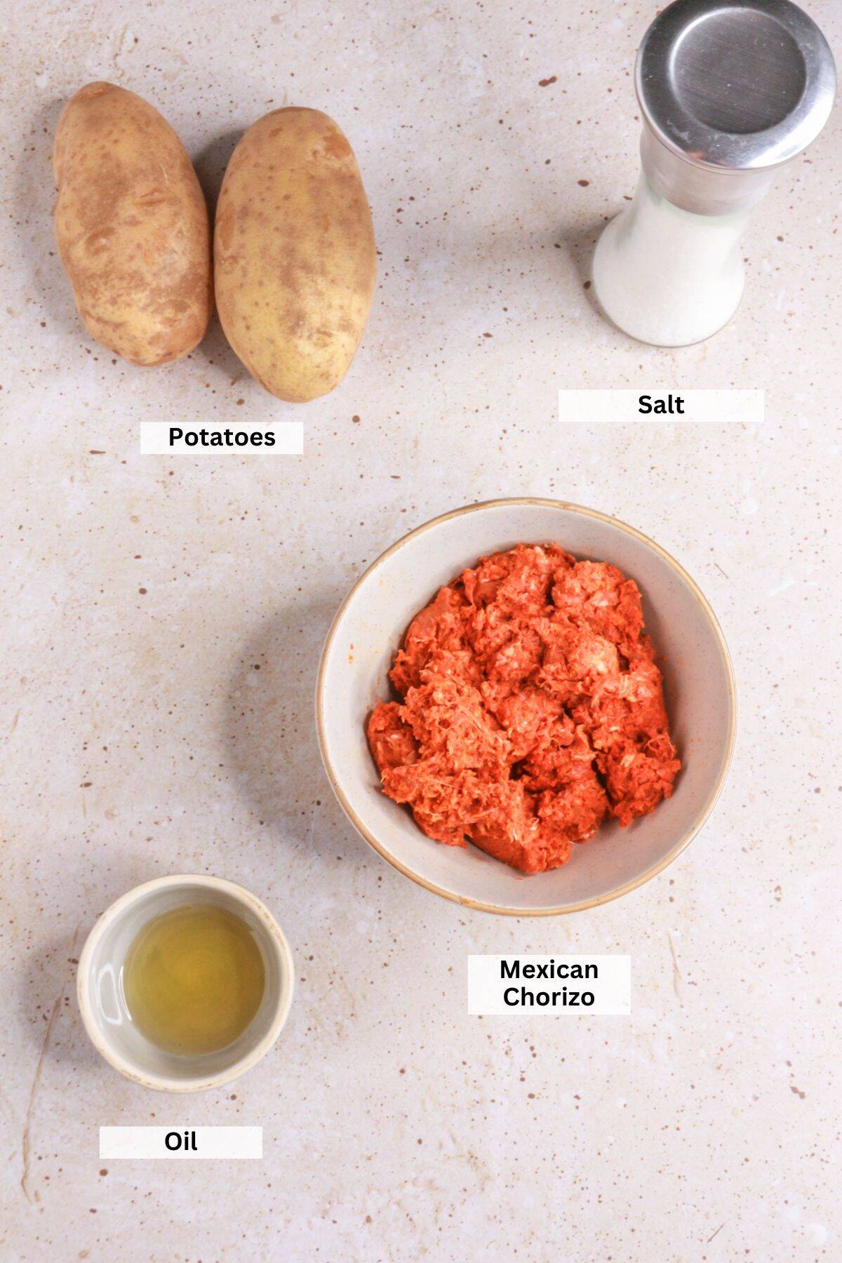 Ingredients for papas con chorizo: potatoes, salt, Mexican chorizo, oil
