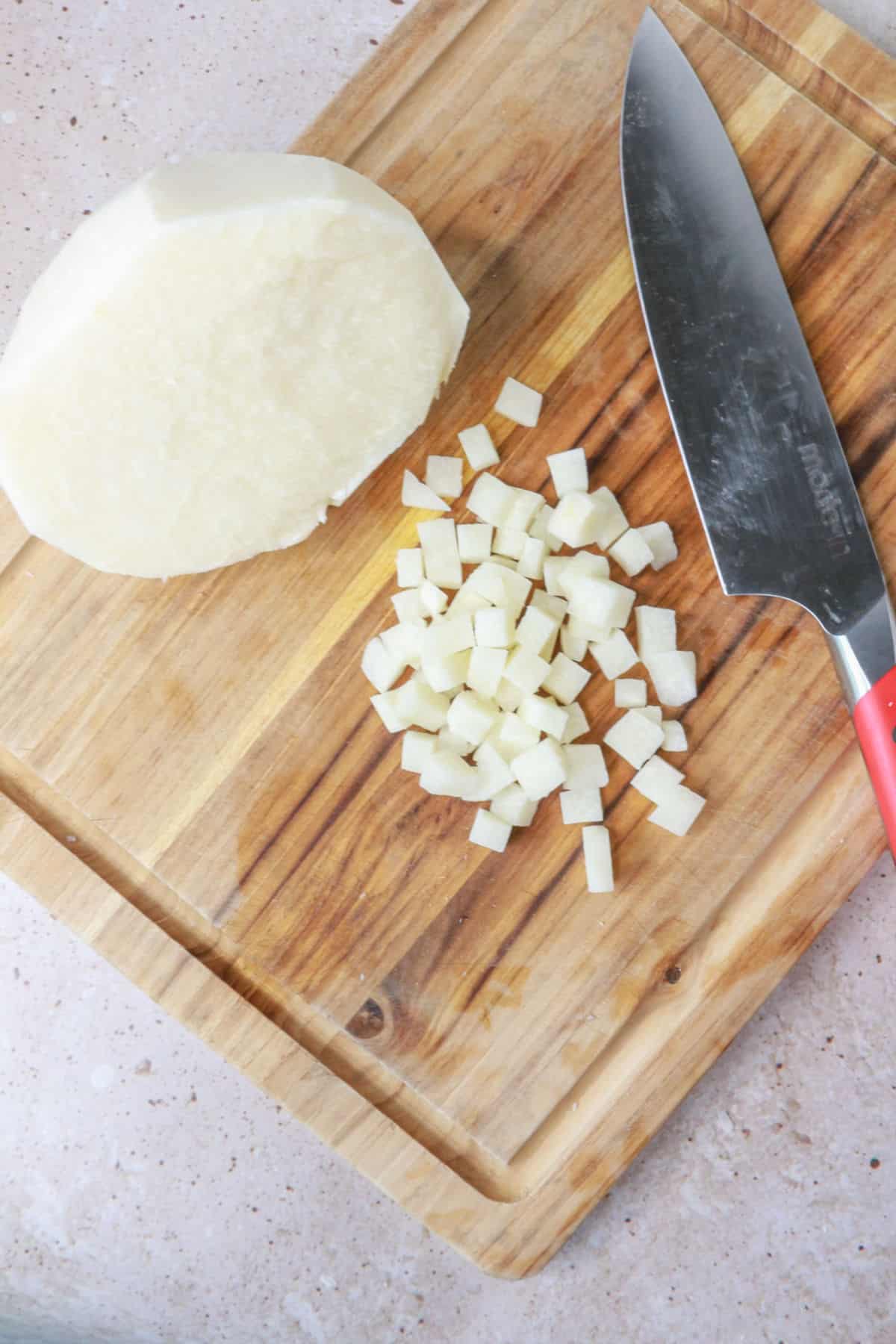 Diced jicama on cutting board
