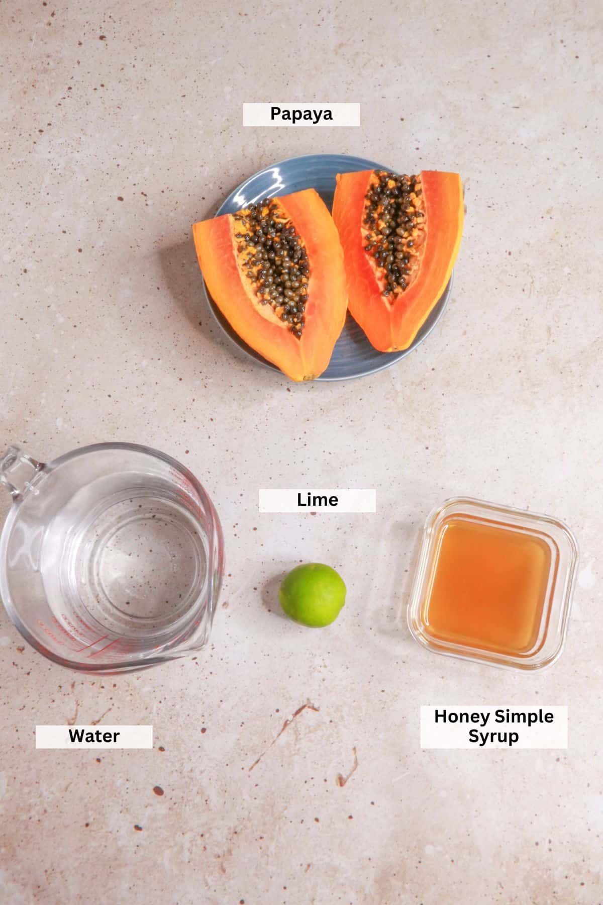 Ingredients for Papaya Agua Fresca: Papaya, water, lime, honey simple syrup
