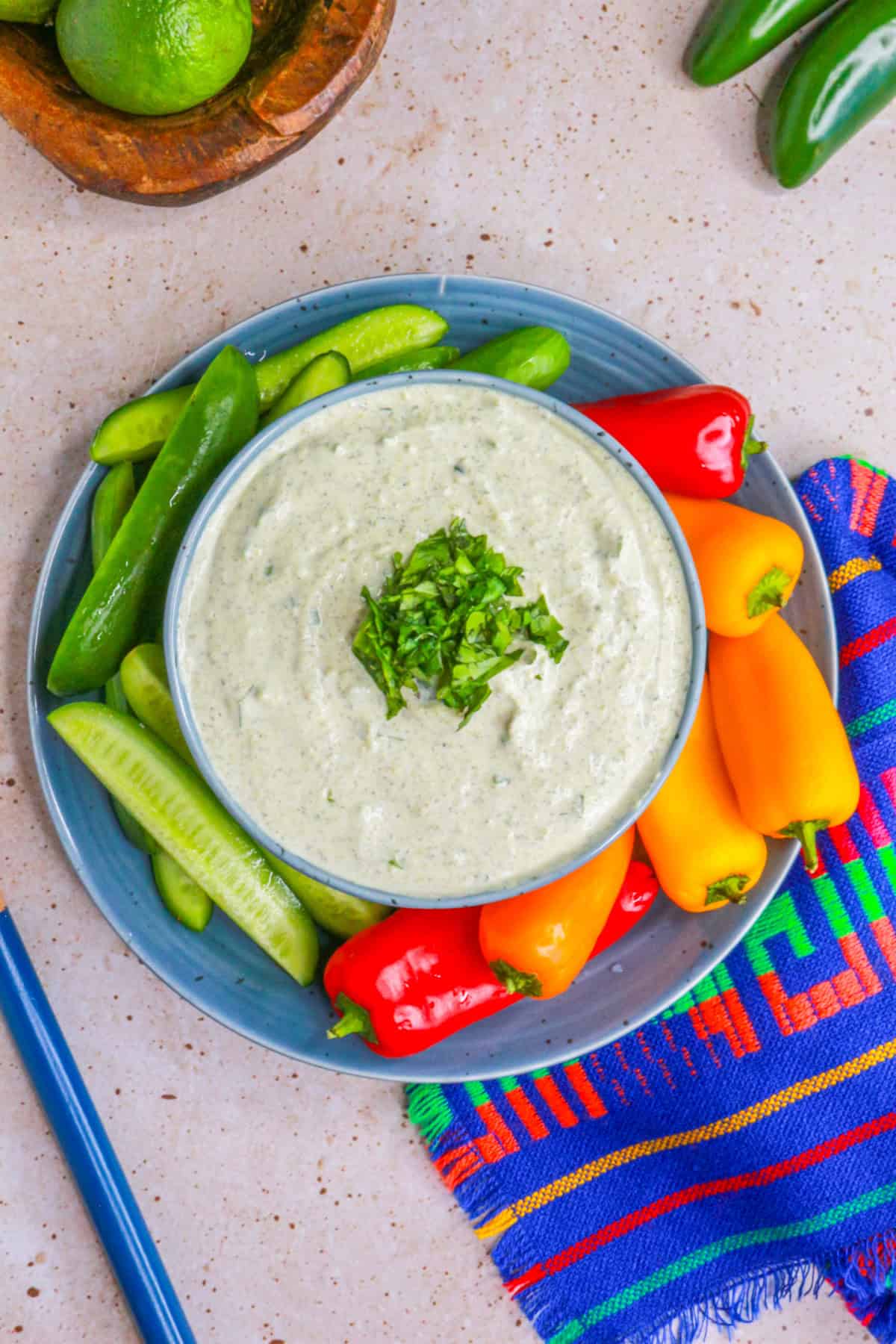 Top view of a bowl of roasted jalapeño ranch dip
