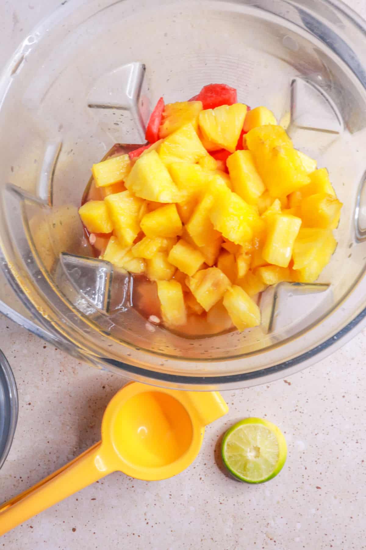 Ingredients for watermelon pineapple agua fresca in blender