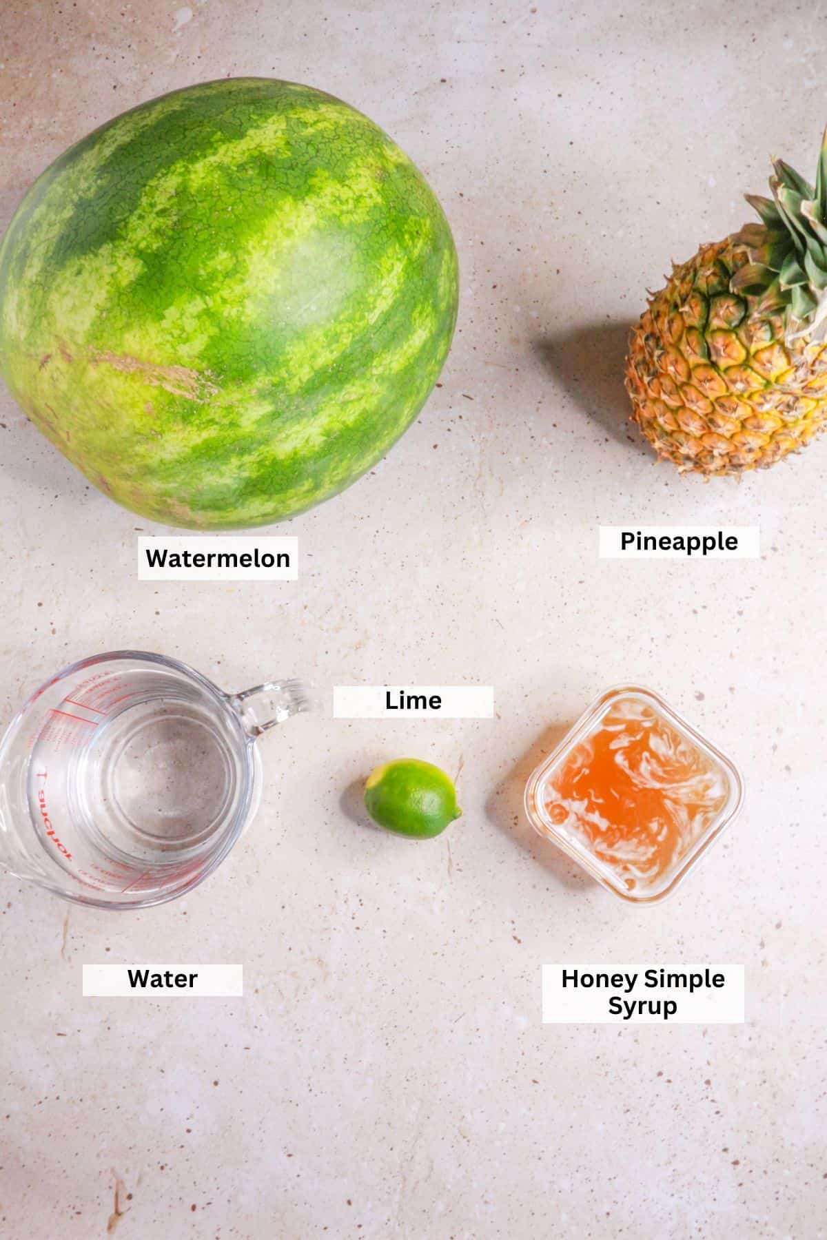 Ingredients for watermelon pineapple agua fresca: watermelon, pineapple, water, lime, honey simple syrup