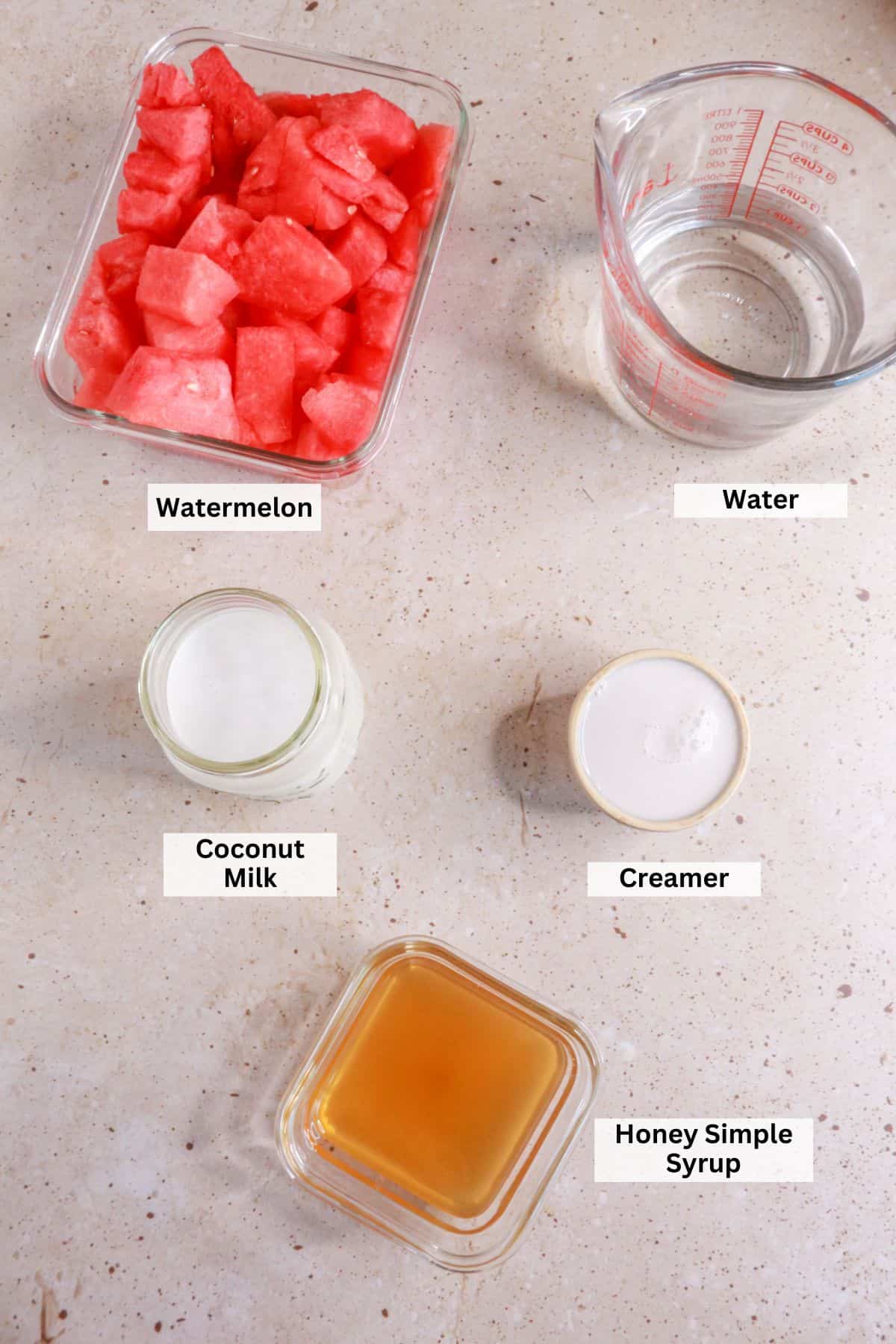 Ingredients for creamy watermelon Agua Fresca: watermelon, water, coconut milk, creamer, honey simple syrup